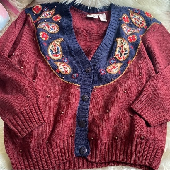 VINTAGE HUNTINGTON‎ RIDGE Grandma fisherman Cardigan Sweater Paisley Pearls - Picture 1 of 7